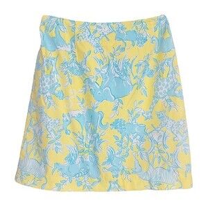 VINTAGE JUNKANOO Lilly Pulitzer Yellow Blue Animal Art Print Cotton A-Line Mini